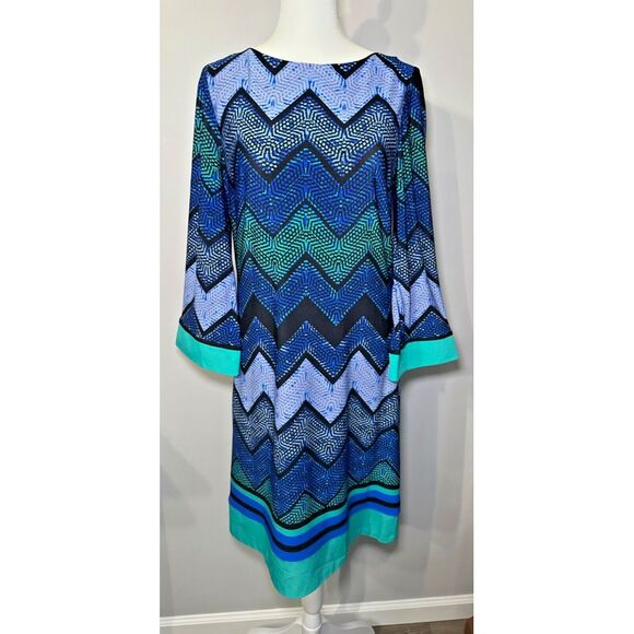 Eliza J‎ Shift Dress NWT Size 8 Bell sleeves Chevron Retro - Picture 2 of 13
